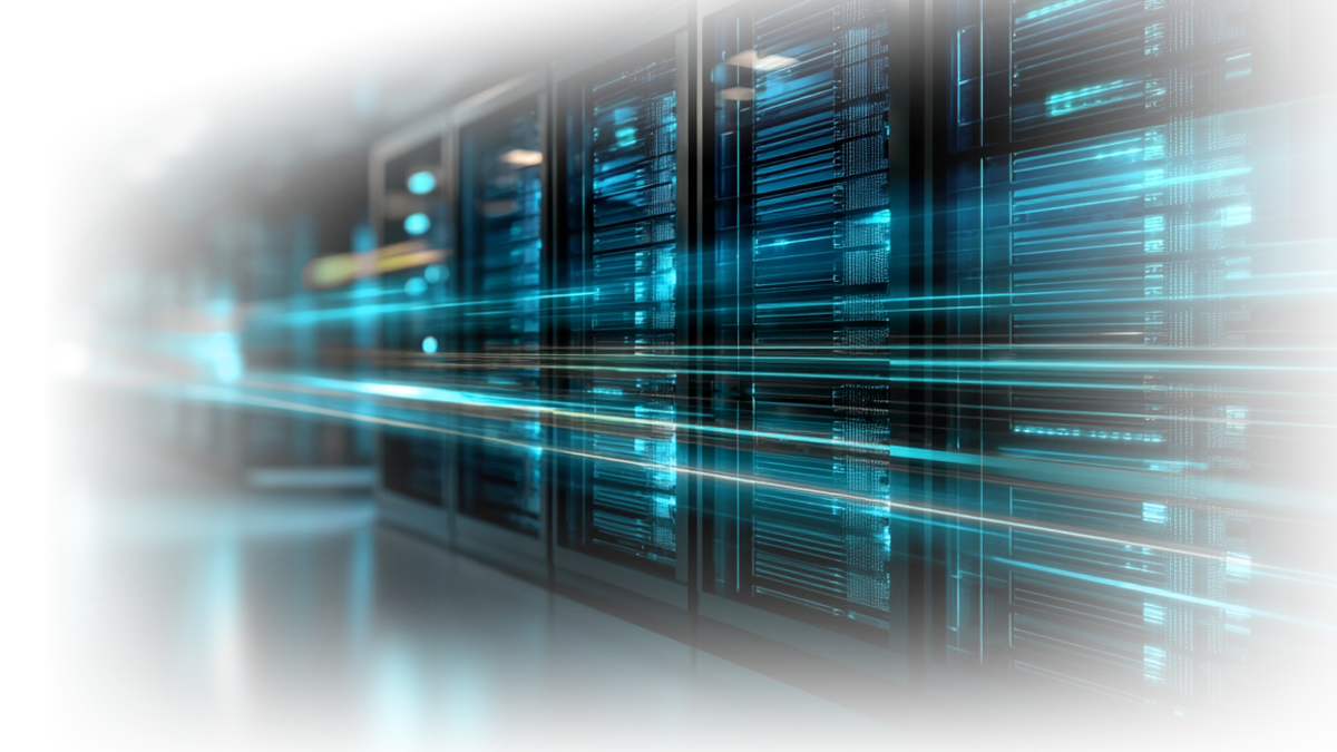 Modern data center aisle with rows of server racks