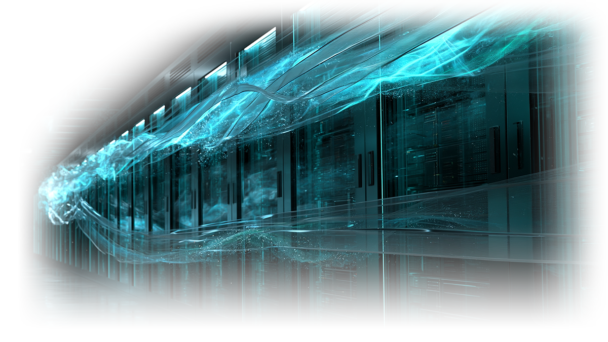 Server racks line a modern data center aisle as glowing teal data streams