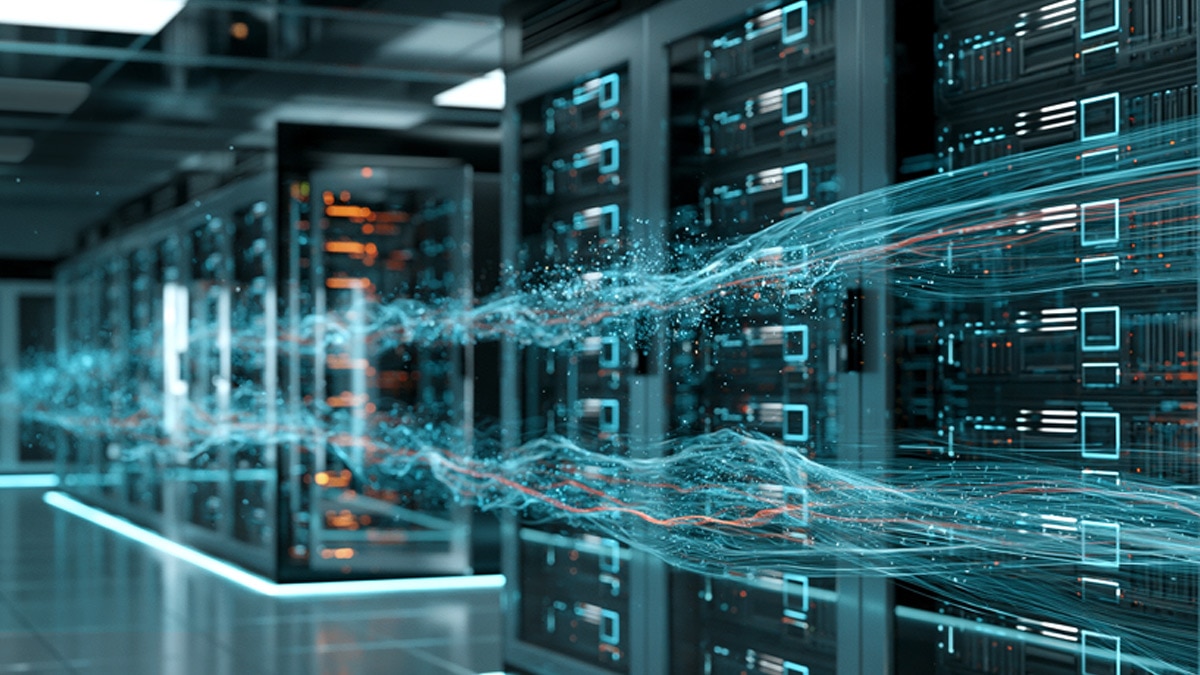Modern data center aisle with server racks and blue-orange data streams