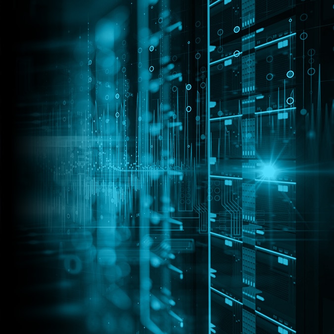 Teal-lit server racks with an abstract digital data overlay