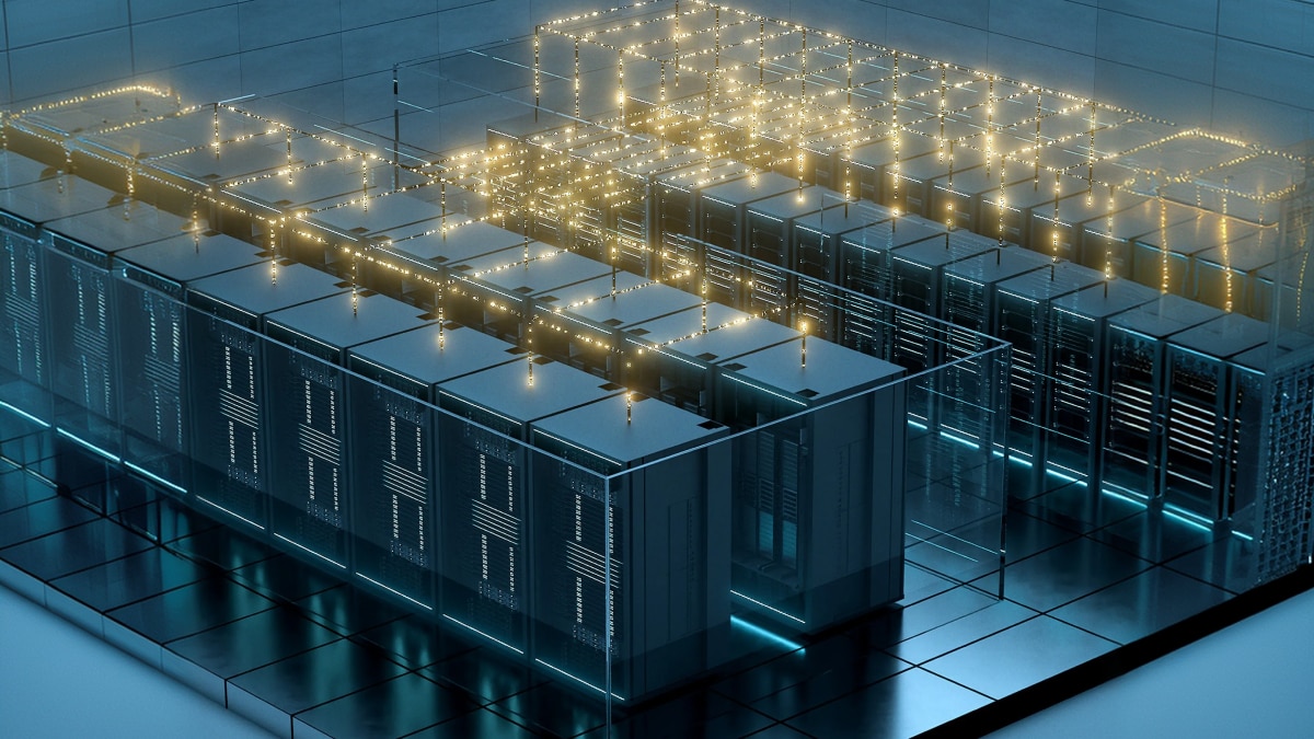 Rows of dark blue server racks in a data center with glowing golden lines and dots representing data flow and network connections.