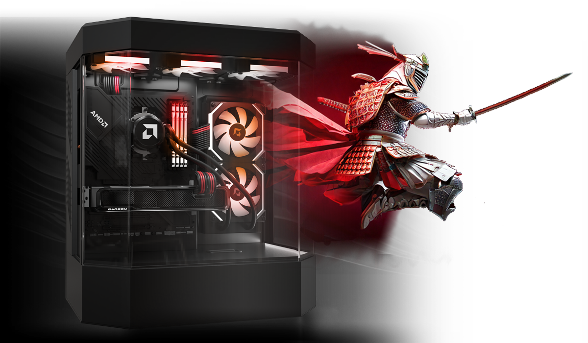 Gaming desktop computer with AMD Radeon and Ryzen, samurai from a video game Gaming desktop computer with AMD Radeon and Ryzen, samurai from a video game