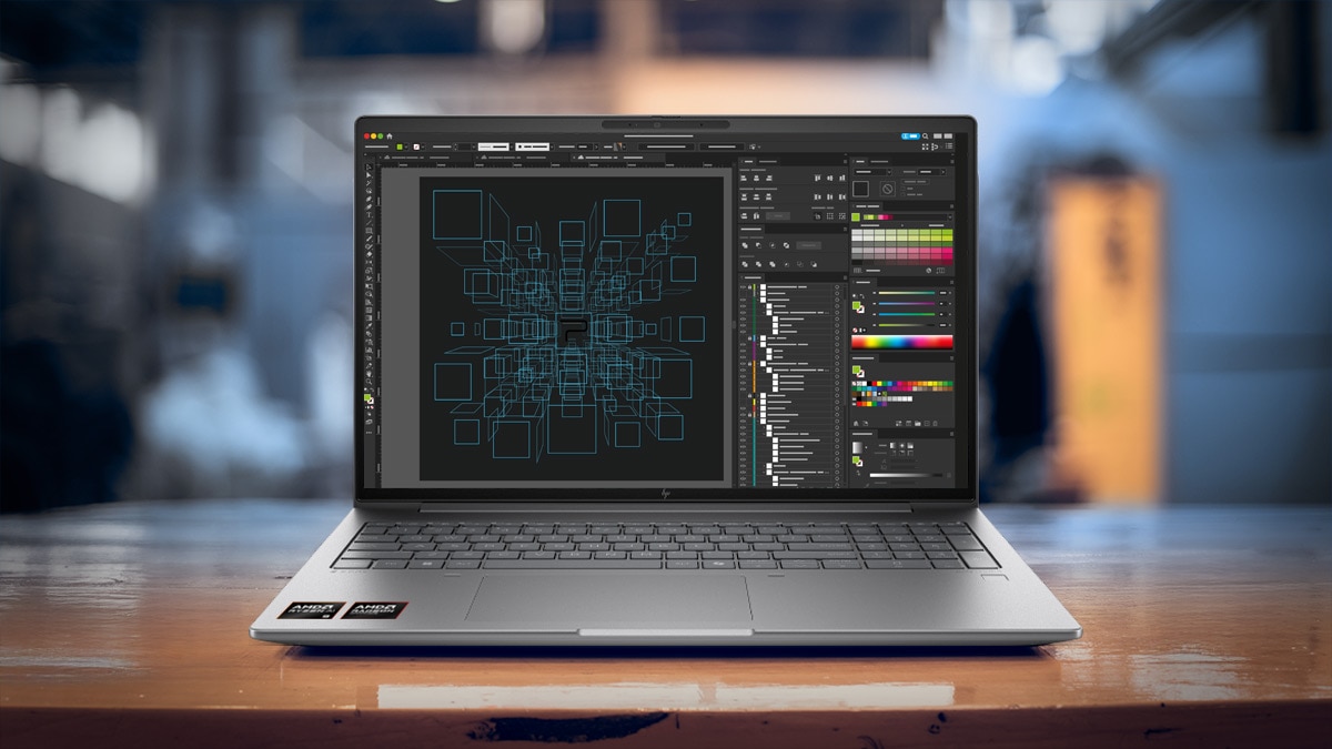 Laptop with AMD Ryzen on table Laptop with AMD Ryzen on table