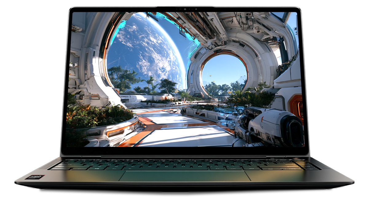 Laptop displaying a futuristic video game with a space habitat and Earth visible through a large circular window