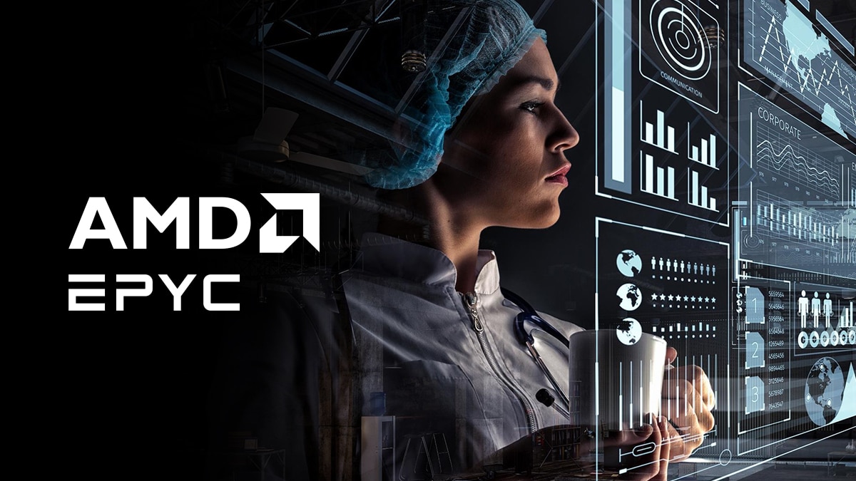 Black background image with an illustration of AMD EPYC supporting Digital Healthcare