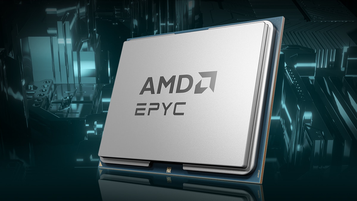 Black background image with the AMD EPYC™ 4004 series processor chip.