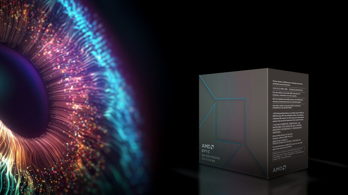 4th Gen AMD EPYC™ processor box next to colorful iris