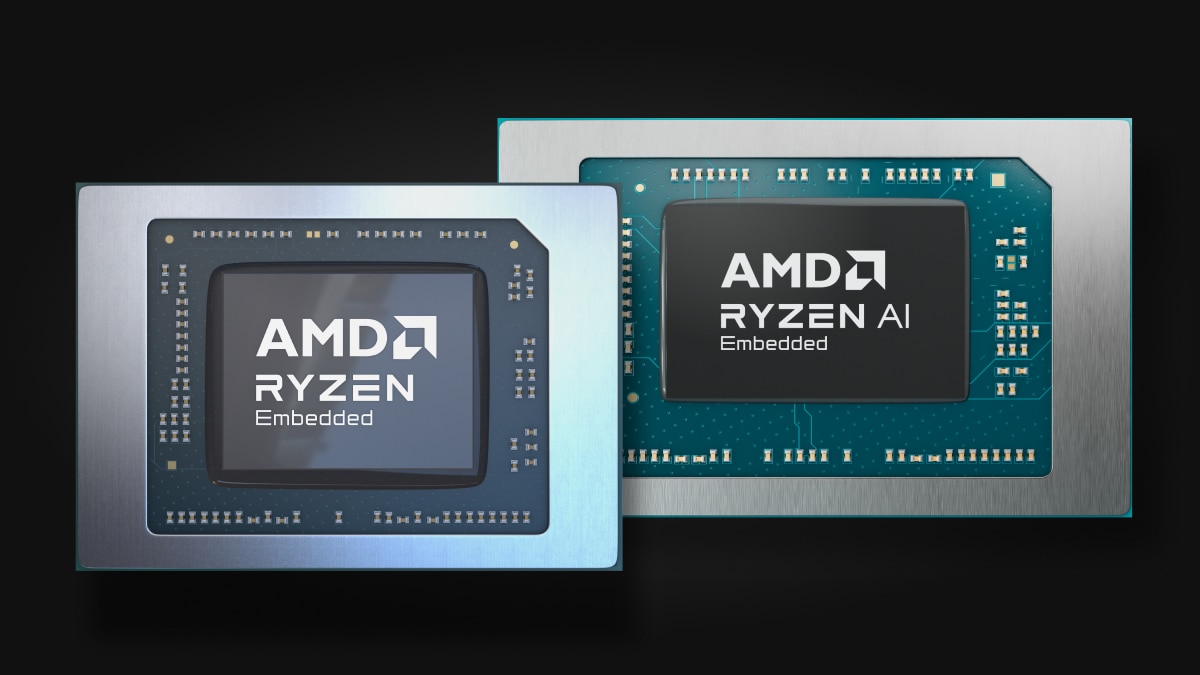 Two Ryzen Embedded processors shown on chip packages, one labeled “RYZEN Embedded” and one “RYZEN AI Embedded,” on a dark background.