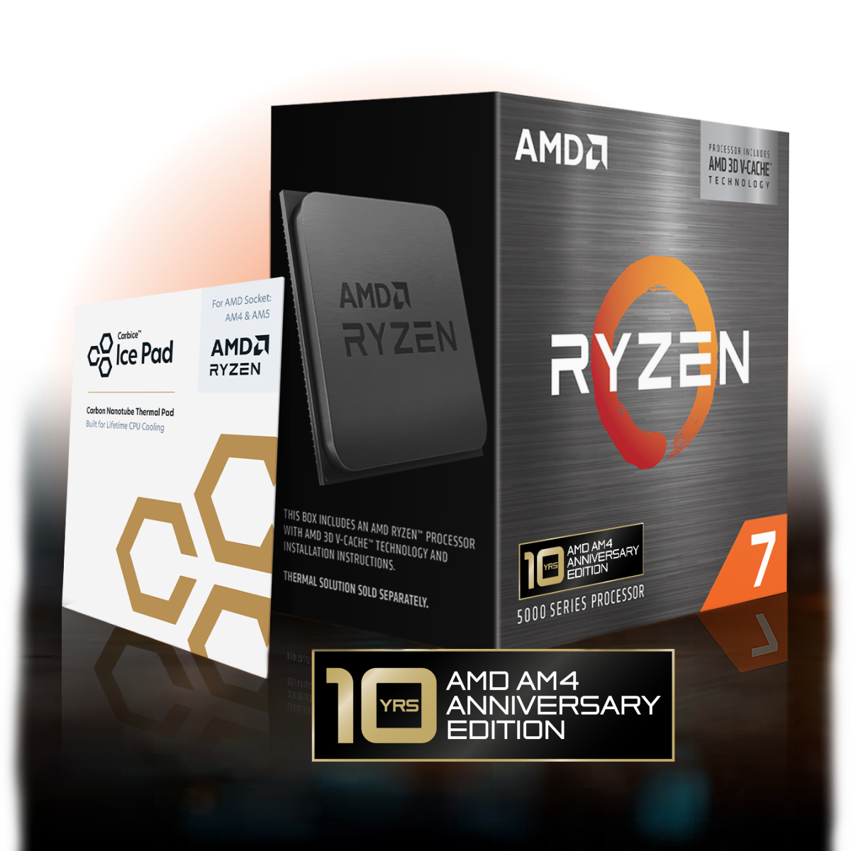 AMD Ryzen 7 5000 Series processor box with Ryzen logo, “AMD 3D V-Cache Technology,” and “10 YRS AMD AM4 Anniversary Edition” badge alongside chip