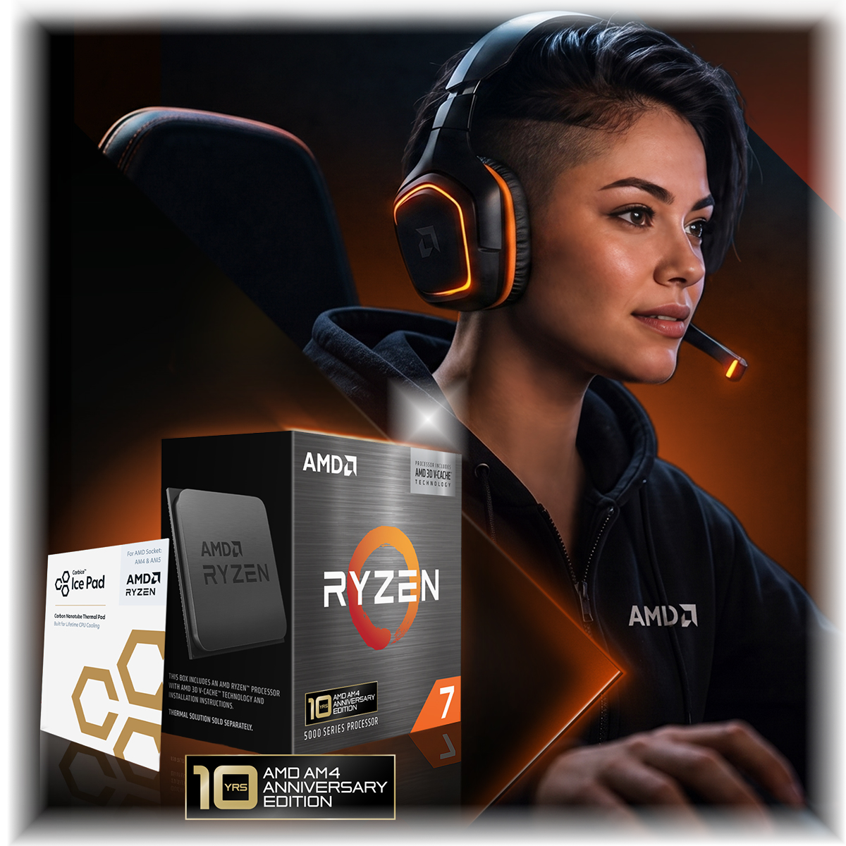 Person wearing an orange-lit gaming headset at a PC beside AMD Ryzen 7 5000 Series processor packaging and AMD AM4 10th Anniversary Edition branding.