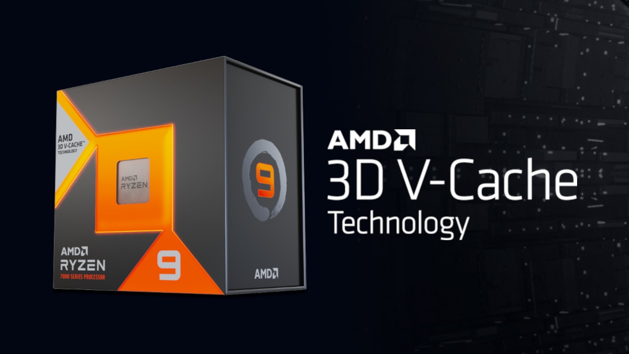 Image showing AMD Ryzen 9 7000X3D Processor box with AMD 3D V-Cache Technology lockup in white color next to it
