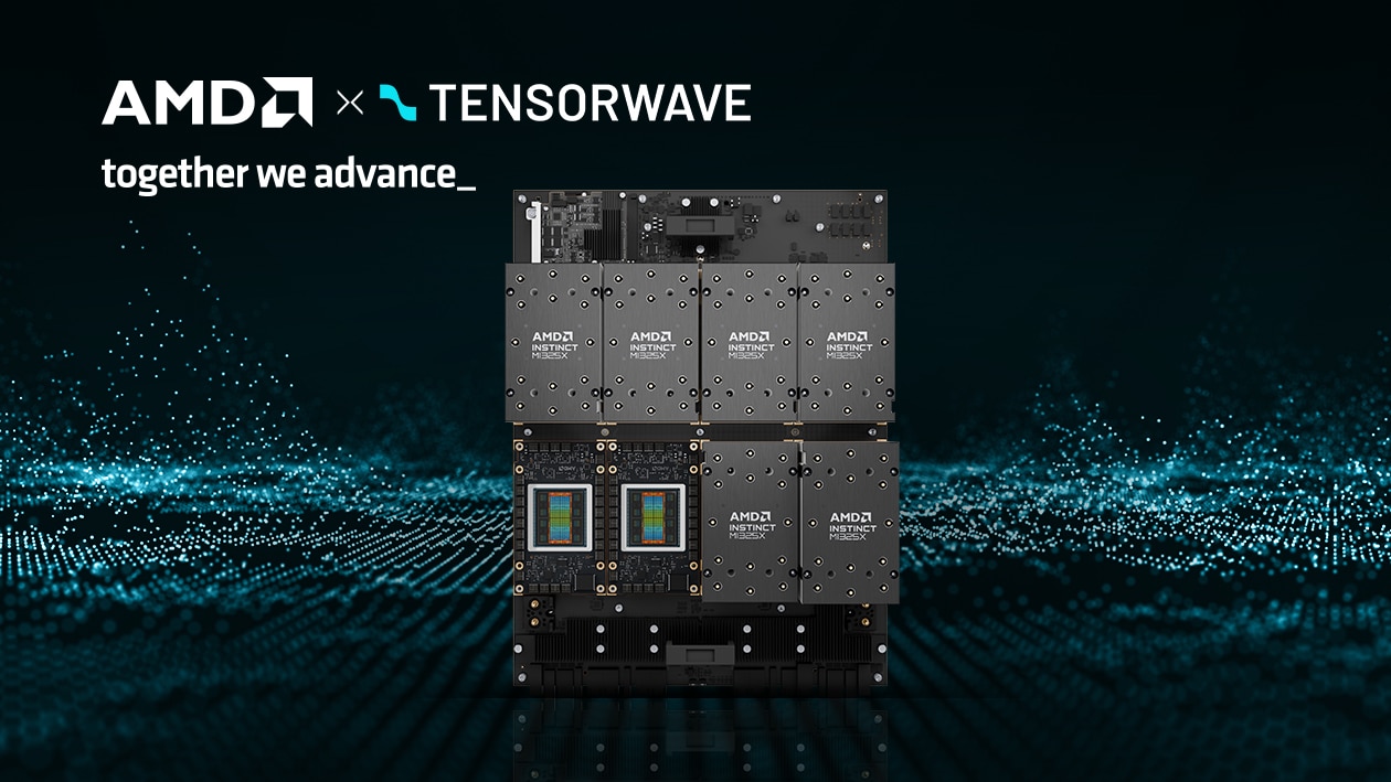 Black background with the AMD and Tensorwave logo and AMD Instinct MI325X