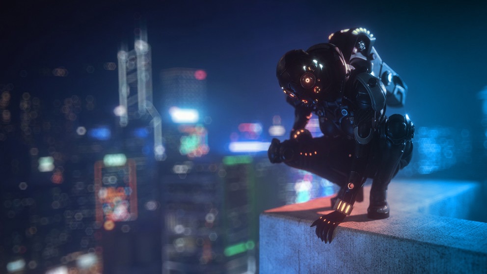 Video game rendering of a character on a roof Video game rendering of a character on a roof