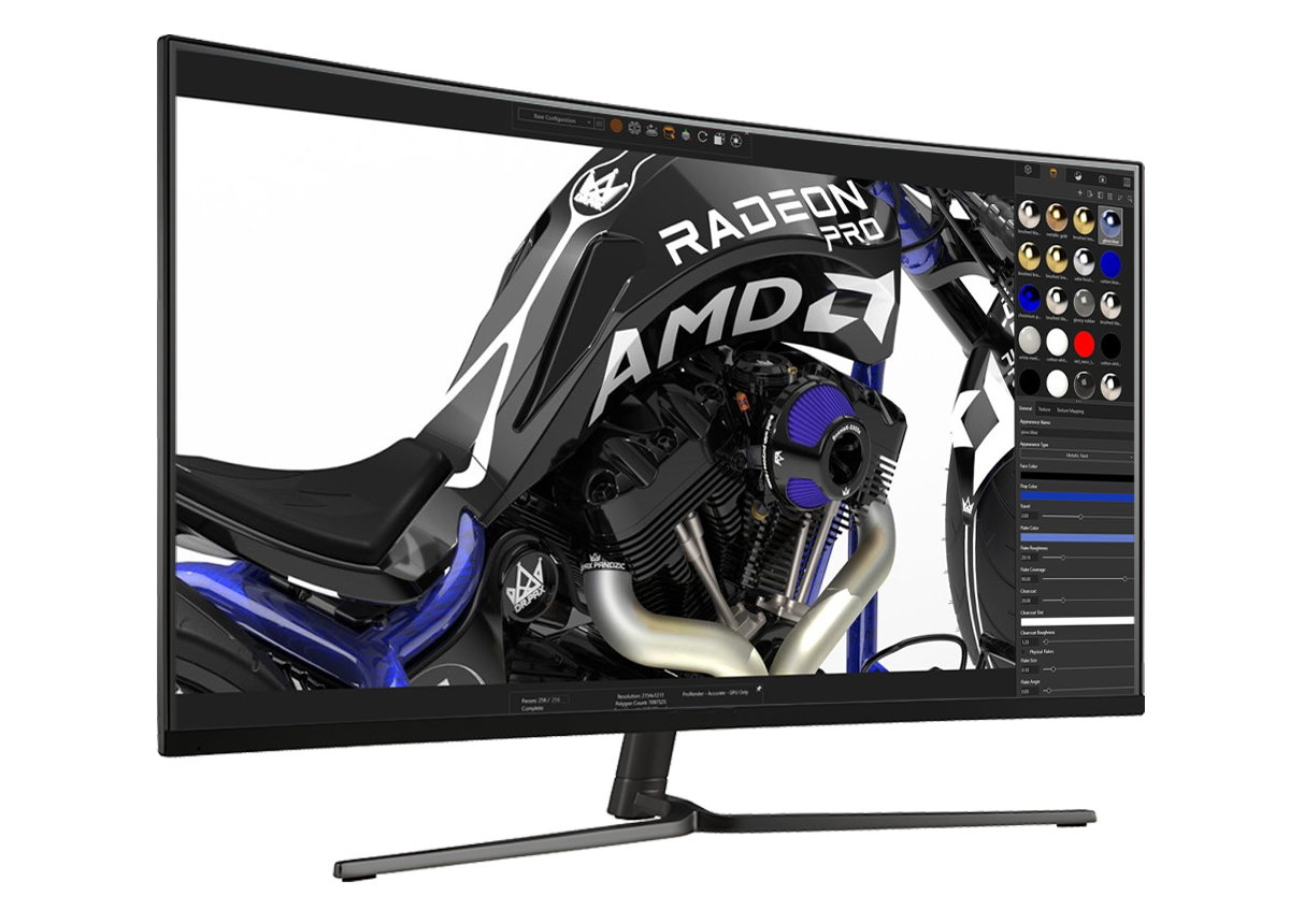 Monitor showing motorcycle render inside solidworks desktop application