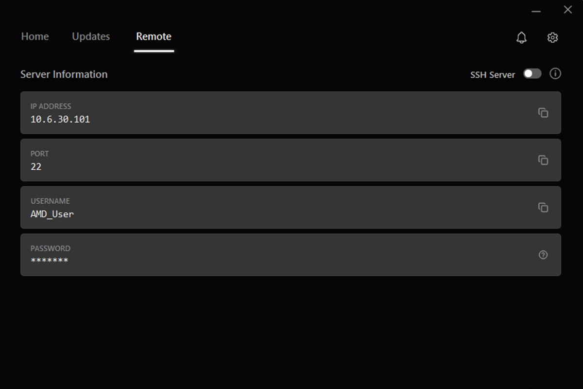 Dark UI, Remote tab. Server Information: IP 10.6.30.101, Port 22, Username AMD_User, Password. SSH Server toggle enabled.