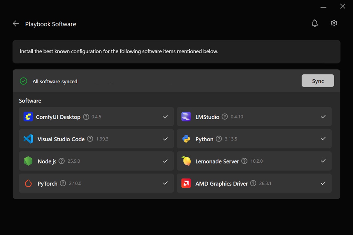 Playbook Software UI displays 'All software synced' and a list of eight synced applications including ComfyUI, Visual Studio Code, and Python.
