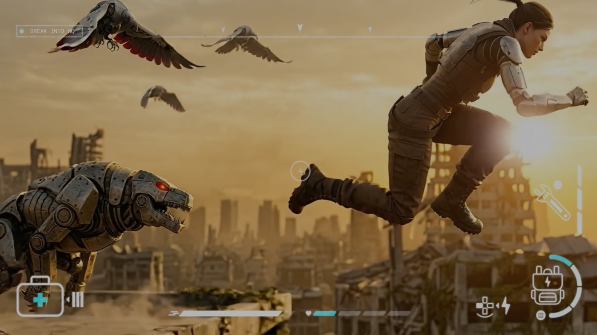 Futuristic runner with robotic arm leaps over ruins; robotic dog follows; text reads “See Why AMD and AWS Are Leaders in Cloud”