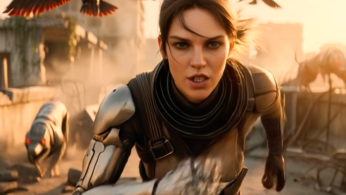 Close-up of runner in sci-fi armor sprinting; text reads “See How Workloads Can Stay Flexible”