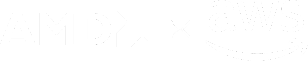 White logos read “AMD x aws” with tagline “together we advance_” on black background