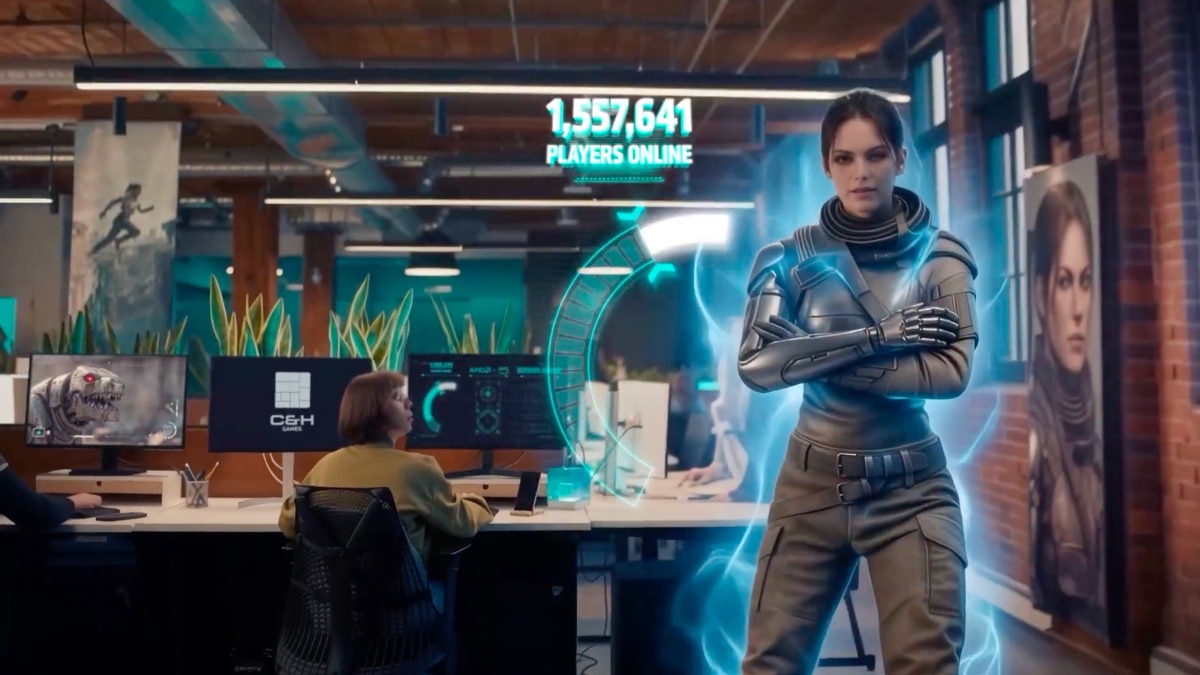 Futuristic office scene with woman and UI overlay showing “1,557,641 players online” and text “See How Innovation Can Scale Faster”